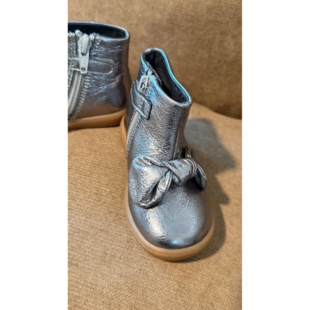Camper Peu Cami Baby Boots Metallic Silver Leather Bow Zip EU 21 US 5.5 Toddler
